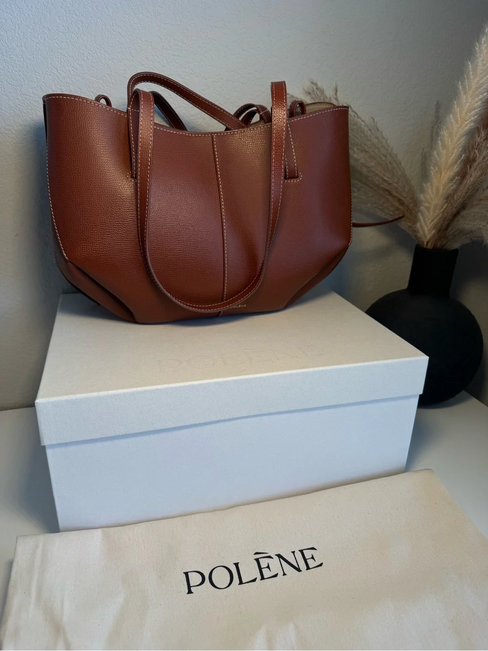 Polene Cyme Mini EDITION TEXTURED COGNAC Small Expandable Tote Hand/Shoulder Bag